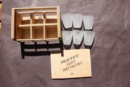 6 SANDPLASTED TOTS IN WOODEN BOX - PRACTICE SAFE DRINKING - PLEASE HAVE A LOOK
