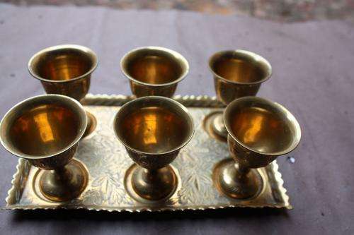 6 BRASS GOBLETS ON PLATE - 45 MM DIAM. - 55 MM HIGH