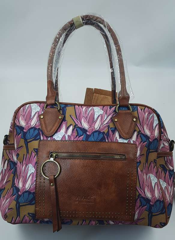 SUPER NICE BAG BY VIVACE!! #PINK PROTEA,BROWN WITH blue design#