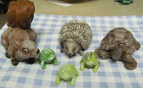 GARDEN SET squirrel tortoise hedgehog and 3 small frogs.SHIPPING IS R35