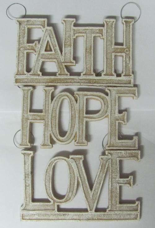 set of love hope and faith with hanging wire.resin signs!