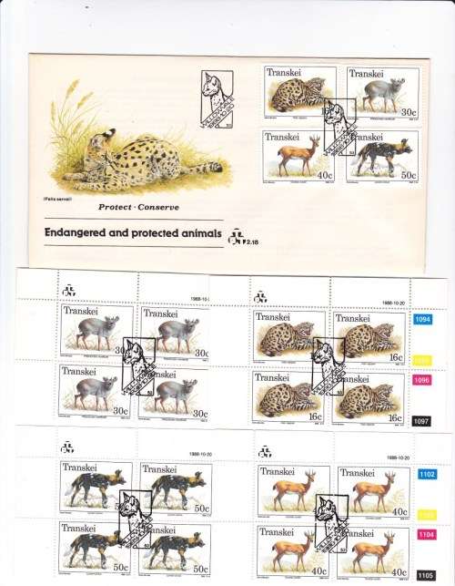 1988 Transkei Endangered and Protected Animals FDC + 4 Control Blocks