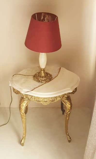 2x Brass & Marble side tables with matching brass & marble bed lamps included.