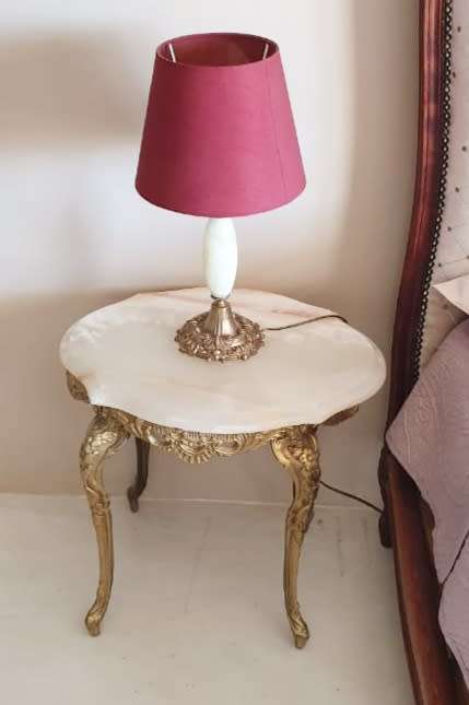 2x Brass & Marble side tables with matching brass & marble bed lamps included.