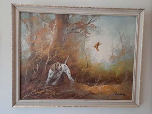 Original Oil on Canvas Painting of a dog hunting