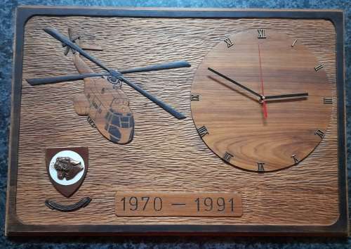 Large wooden Hand Carved 19 Squadron Puma helicopter Clock