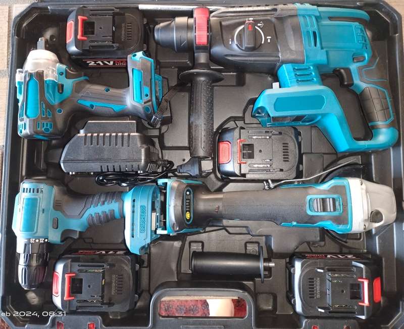 21V Lithium-Ion 4-in-1 Cordless Brushless Drill & Angle Grinder Tools Set