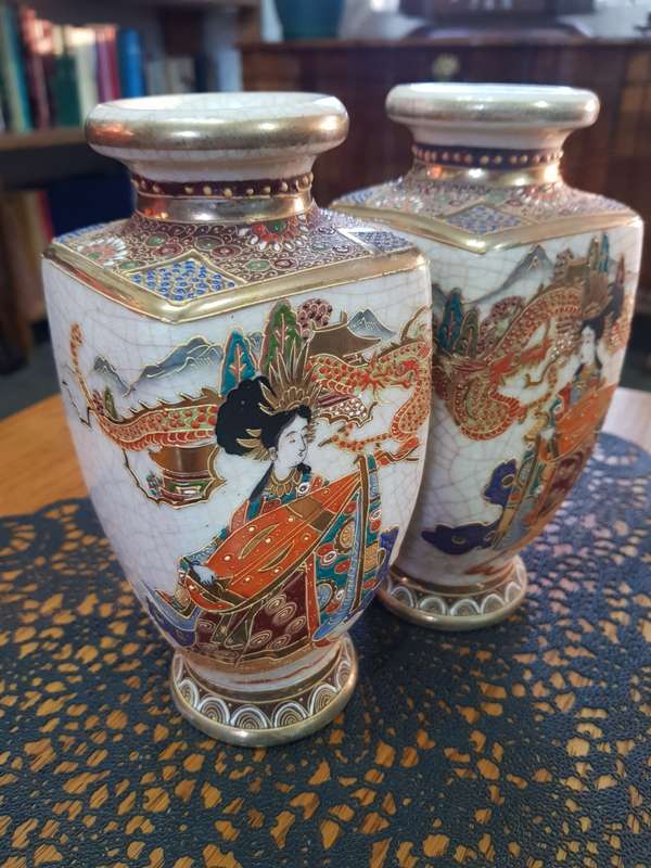 Antique Pair of Meiji Japanese Satsuma Geisha Vases ~ Circa 1603 -1868
