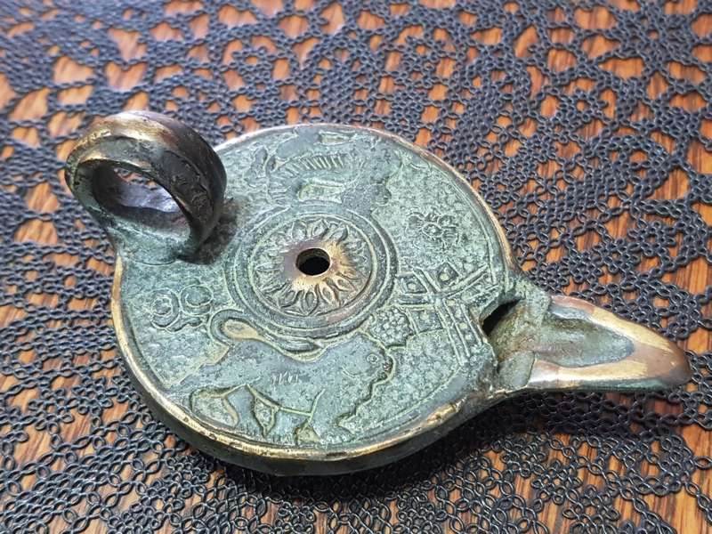 Antique Bronze Greek Oil Lamp showing the Griffin