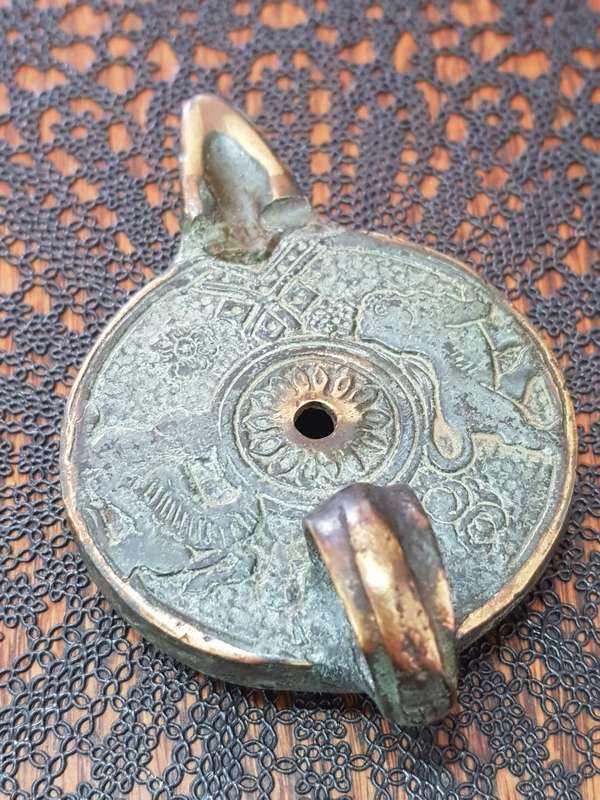 Antique Bronze Greek Oil Lamp showing the Griffin