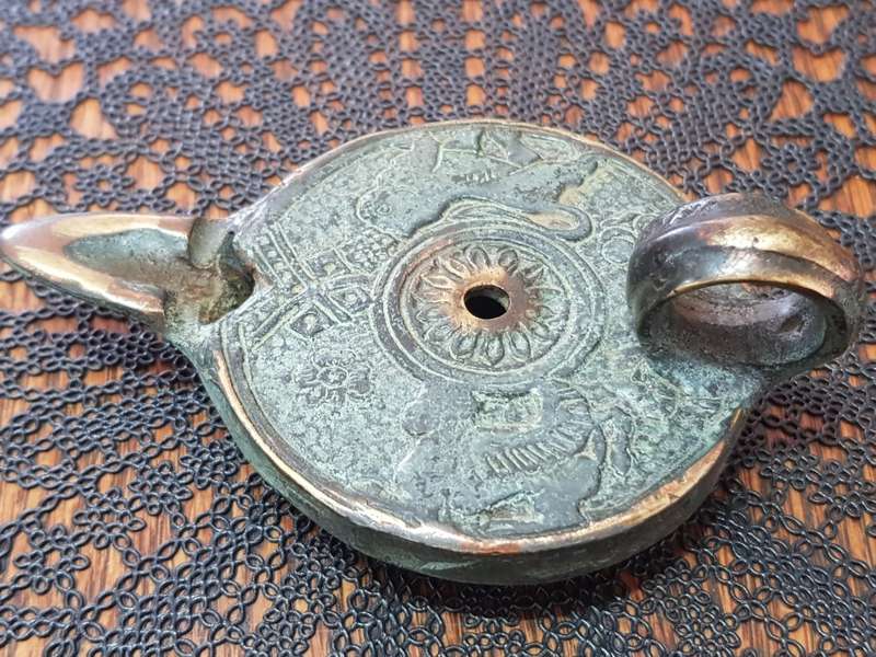 Antique Bronze Greek Oil Lamp showing the Griffin