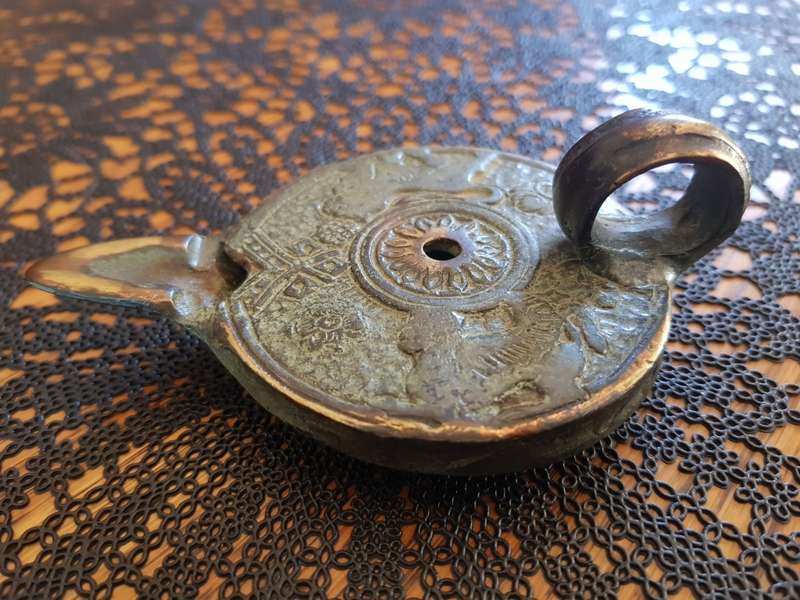 Antique Bronze Greek Oil Lamp showing the Griffin