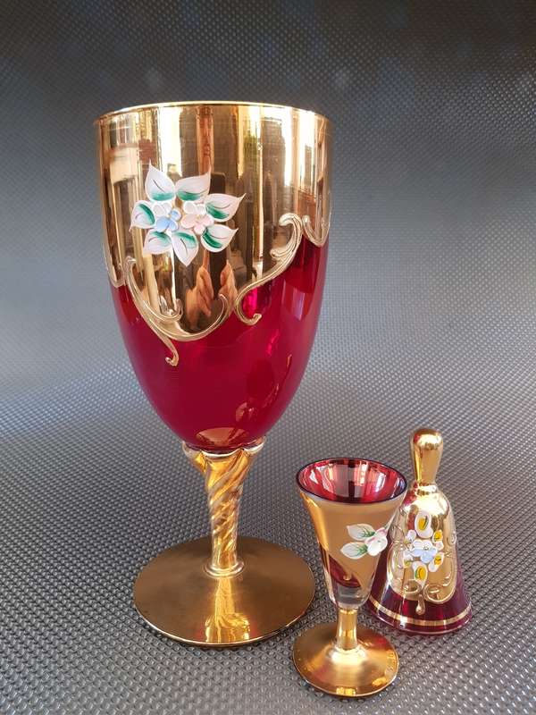 Vintage Venetian Hand Made Ruby Red Murano Glass, Set of Three 24K Gold Leaf - Red Porcelain Flower