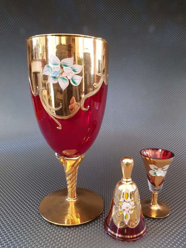 Vintage Venetian Hand Made Ruby Red Murano Glass, Set of Three 24K Gold Leaf - Red Porcelain Flower
