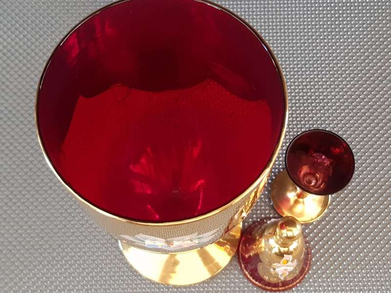 Vintage Venetian Hand Made Ruby Red Murano Glass, Set of Three 24K Gold Leaf - Red Porcelain Flower