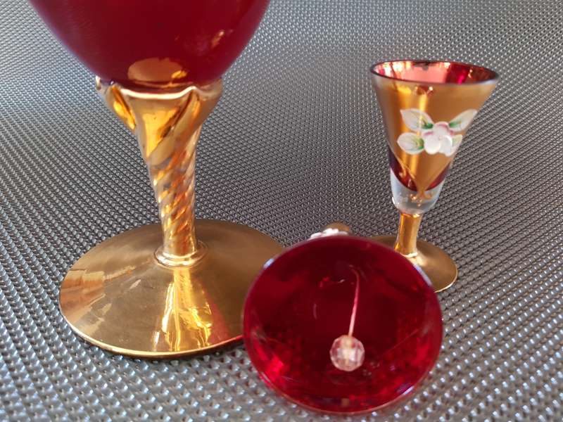 Vintage Venetian Hand Made Ruby Red Murano Glass, Set of Three 24K Gold Leaf - Red Porcelain Flower
