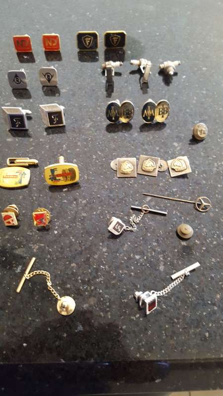 Antique 1900's cuff links, tie pins gimimcky with company logos of old.