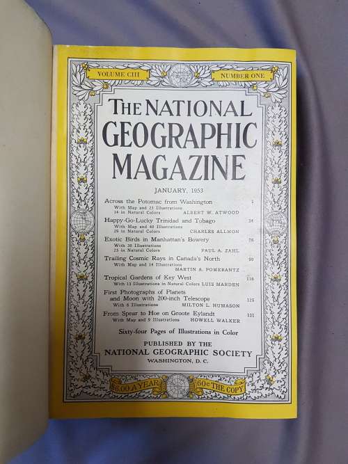 National Geographic Magazines - Jan to June 1953 and July to December 1953 in bound in TWO volumes.