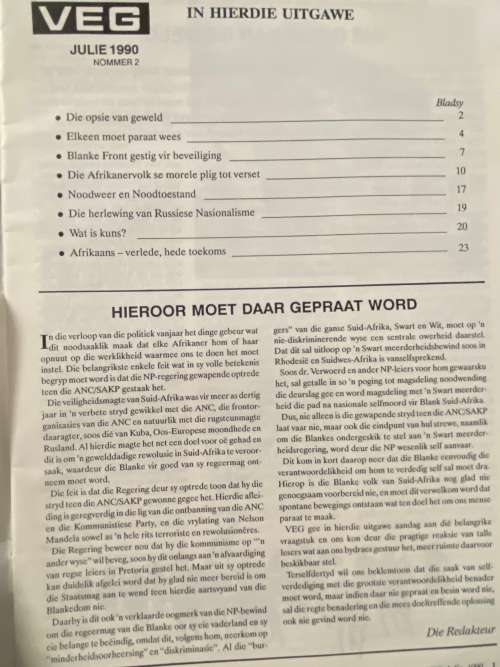 Veg, maandblad oor sake van aktuele belang. Julie 1990 nommer 2. Regse Politiek.