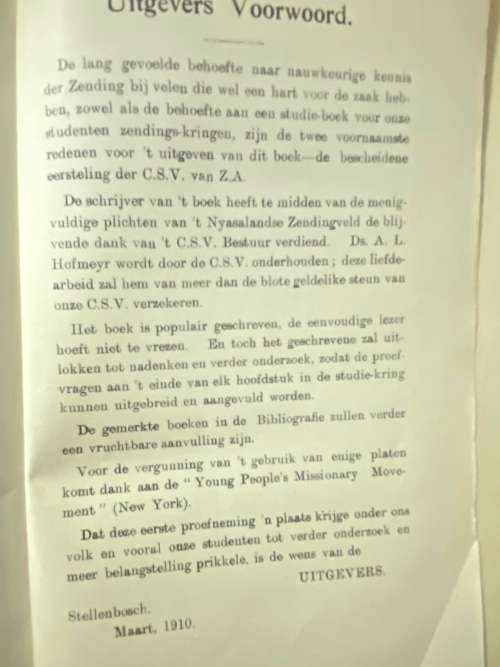 Ds A L Hofmeyer. Het land langs het meer. (N G Sending in Malawi in 1910)