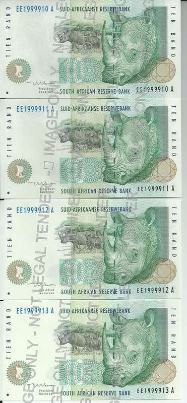TT Mboweni First Issue Ten Rand Prefix EE in uncirculated condition in series.