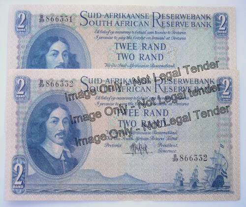 MH de Kock Fourth Issue. 2 x Two Rand Notes in sequence. Series Prefix B39 UNC