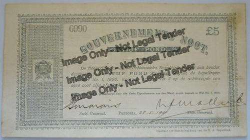 Gouvernements Noot 5 Pound No. 6990 issued in Pretoria dated 28.5.1900 Condition F