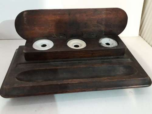 DeskTop Wood and  ceramic inkwell and Pen Display