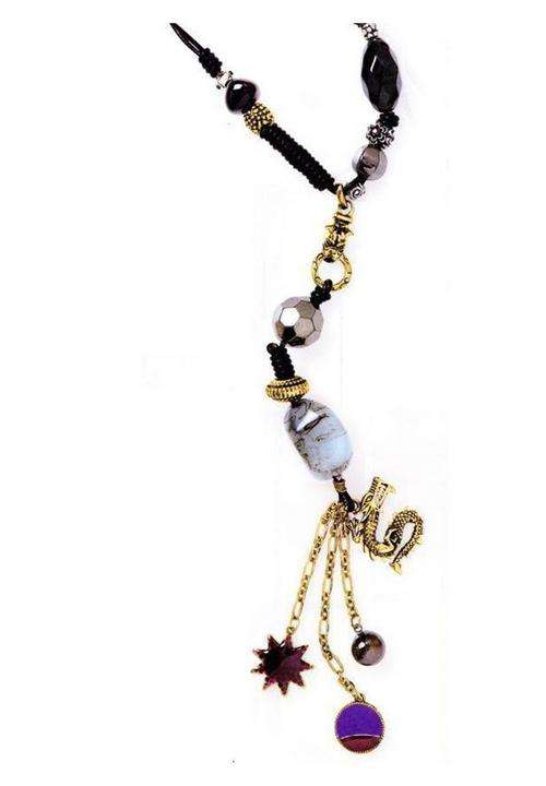 Antique 24ct Gold Plated Necklace with Amethyst Glass Crystal and Synthetic Onyx Beads