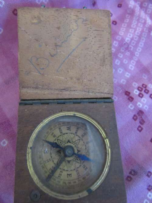 Wooden compass in small box signed - circa WWII
