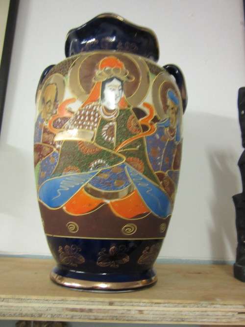 magnificent LARGE PAIR OF Vintage Japanese Satsuma Vases Set -COBALT GLAZE - no marks-- REDUCED