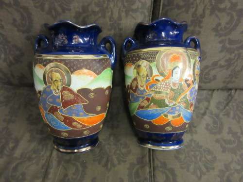 magnificent LARGE PAIR OF Vintage Japanese Satsuma Vases Set -COBALT GLAZE - no marks-- REDUCED