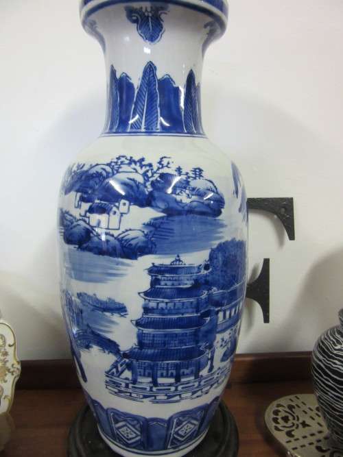 Large oriental styled  blue and white  vase   No marks