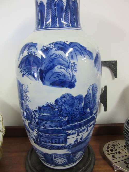 Large oriental styled  blue and white  vase   No marks