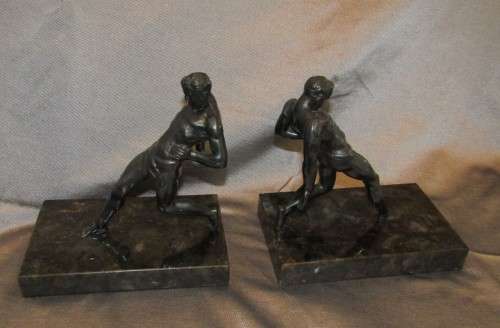 Male Nude ART DECO SPELTER BOOKENDS R Vramant, France, c 1930