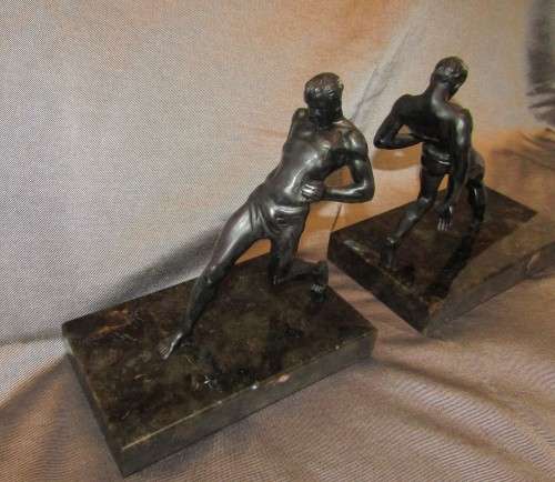 Male Nude ART DECO SPELTER BOOKENDS R Vramant, France, c 1930