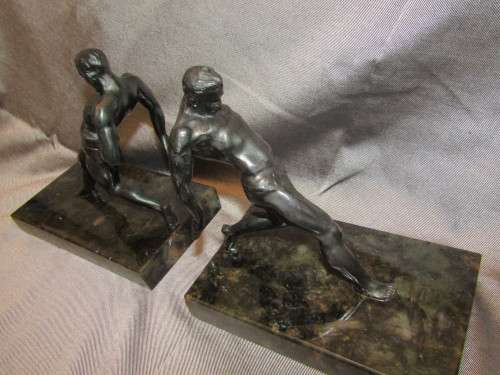 Male Nude ART DECO SPELTER BOOKENDS R Vramant, France, c 1930
