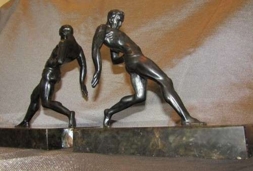 Male Nude ART DECO SPELTER BOOKENDS R Vramant, France, c 1930