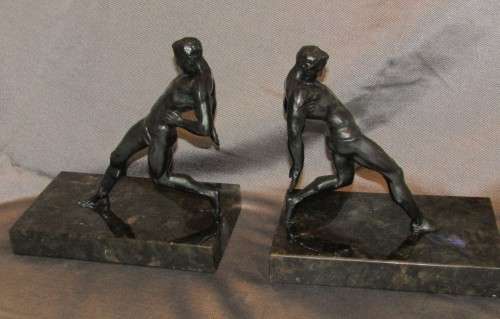 Male Nude ART DECO SPELTER BOOKENDS R Vramant, France, c 1930