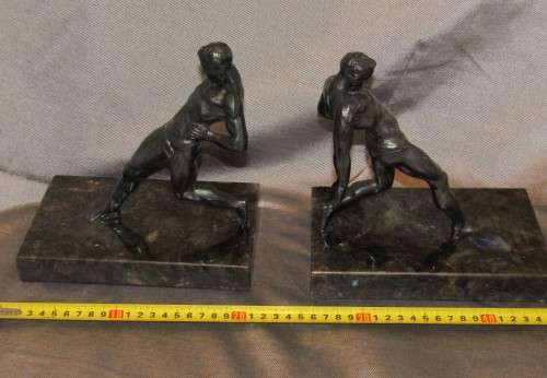 Male Nude ART DECO SPELTER BOOKENDS R Vramant, France, c 1930