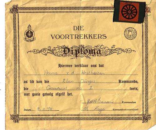 Voortrekker Certificate with Graadwiel patch, awarded in 1974