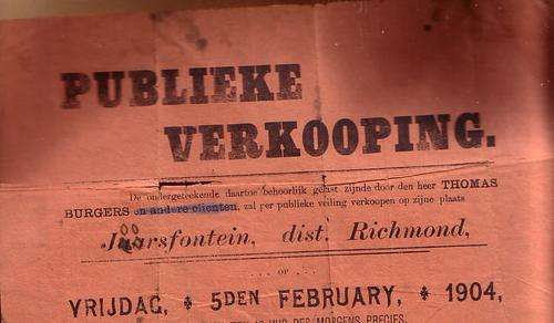 Auction notification, farm Joorsfontein, 1904, after Boer War, 22 x 29 cm