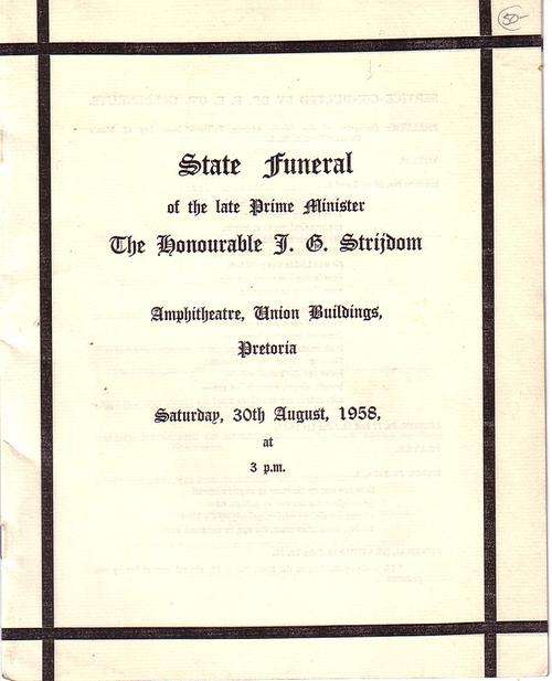 State Funeral of Prime Minister JG Strijdom, 1958 program. 20 x 25cm. Original