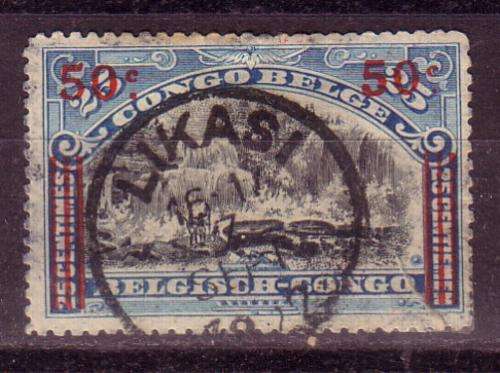 Belgian Congo, 25c waterfall stamp with 50c overprint and nice Lukasi cancel, used but repaired