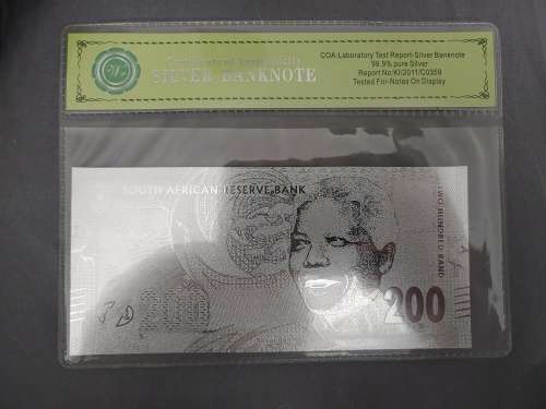 R200 Silver 99.9% Certificate of Authenticity Banknote.