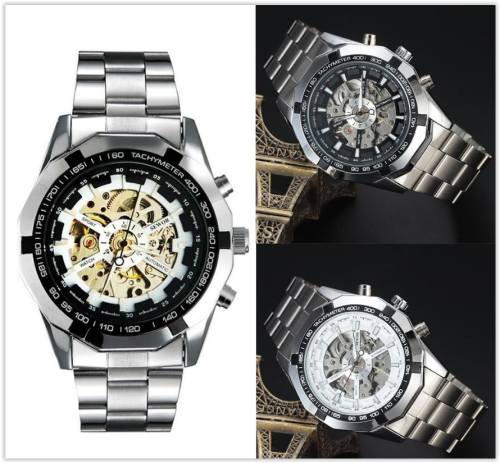 Men watches full steel automatic mechanical skeleton sewor male clock military