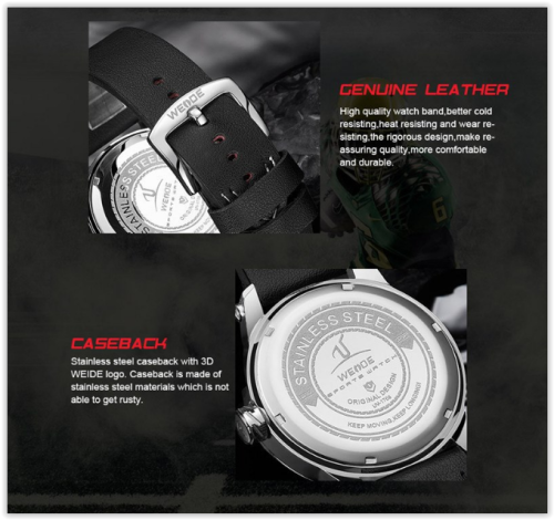 Weide Analog Display Waterproof Black Leather Bracelet Men Sport Watch  MAD R300