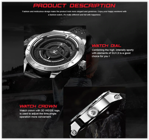 Weide Analog Display Waterproof Black Leather Bracelet Men Sport Watch  MAD R300