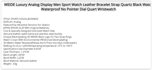 Weide Analog Display Waterproof Black Leather Bracelet Men Sport Watch  MAD R300