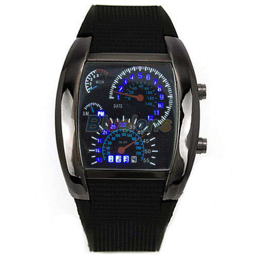 Mens Turbo Blue Flash LED Sports Car Meter Dial Watch Wristwatch